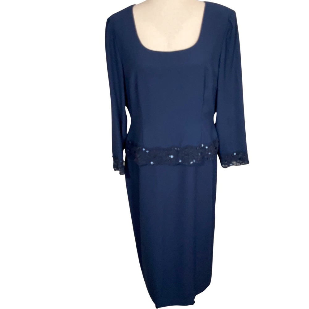 Talbots Dress Womens 14P Navy Blue Sequin Lace Trim Mother of Bride Formal Gown